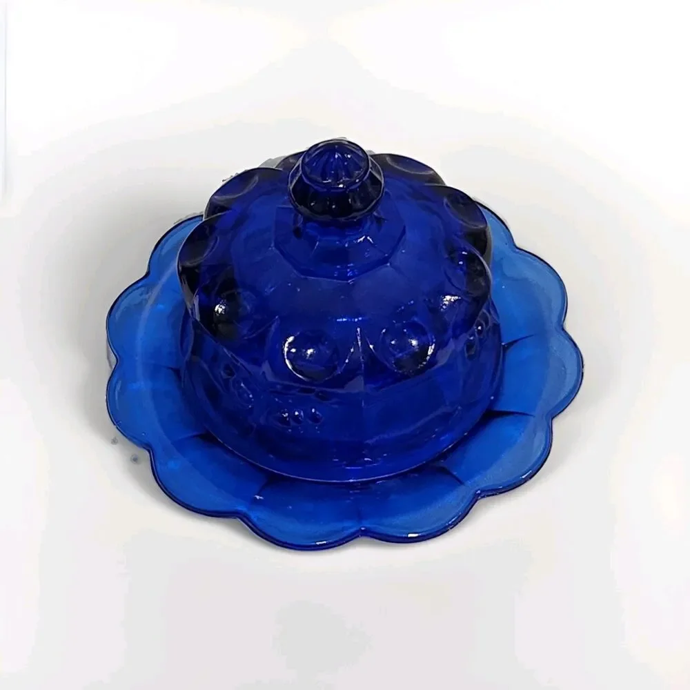 Vintage MCM Cherry Thumbprint Cobalt Blue Glass Covered Butter Dish